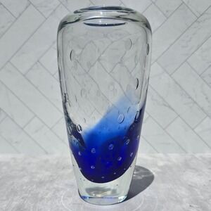 Cobalt Art Glass Vase Blue Bullicante Controlled Bubble Heavy Clear Glass 8in